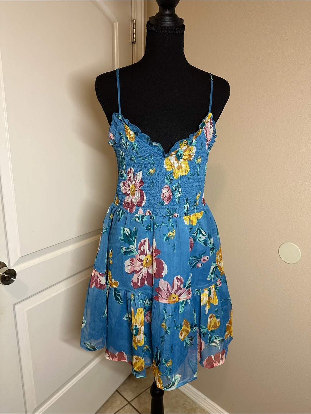 Patrons of Peace Blue Floral Smocked Sundress with Yellow & Pink Flowers